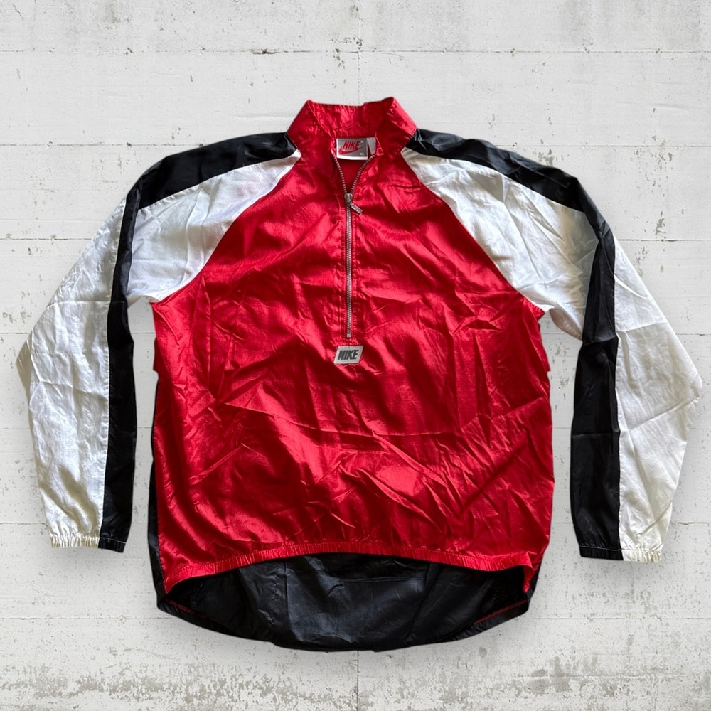 Vintage 80s Nike Gray Tag Red Black Colorblock Windbreaker Pullover Jacket XL